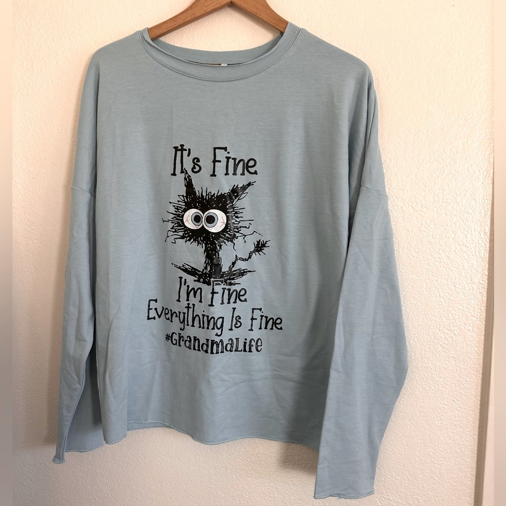 Long Sleeve Loose Fit Crew Neck Loose Fit Funny Tee Women Size Small Bue NWOT